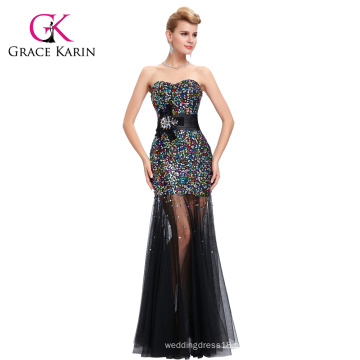 Grace Karin New Design See Through Black Lace Ladies Sexy Sequins Prom Dress CL6026